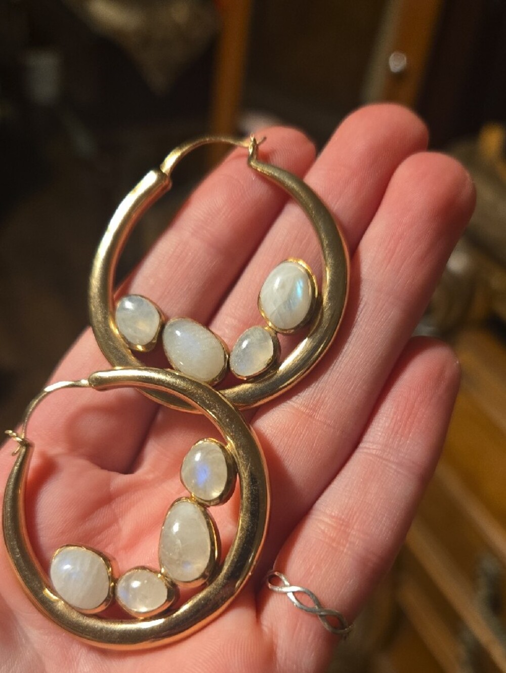 Lucky Brand Gold Hoop Earrings with White Moonstone Accents - Picture 2 of 2